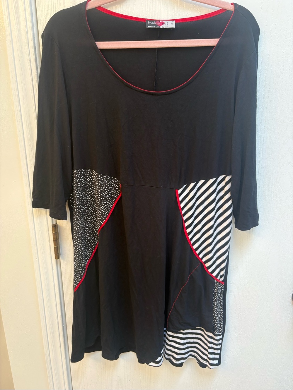 Black Scoop Neck Tunic with Red Trim and Mixed Pattern Panels